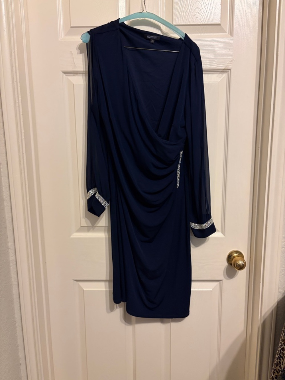 Glamour Navy Long-Sleeve Draped Dress with Sparkle Trim